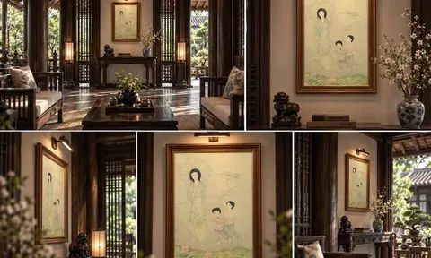 MARA TRAN-LONG – NGƯỜI MẸ CẦM Ô VÀ HAI ĐỨA TRẺ | TRANH LỤA ĐẬM CHẤT Á ĐÔNG