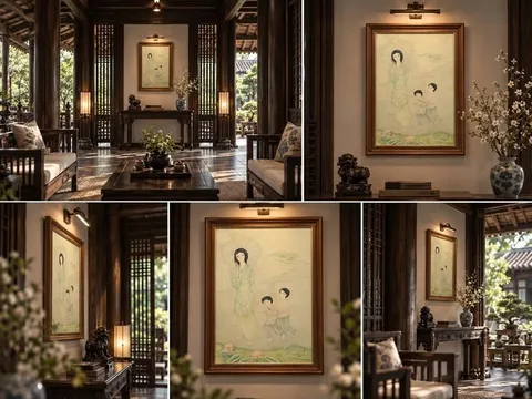 MARA TRAN-LONG – NGƯỜI MẸ CẦM Ô VÀ HAI ĐỨA TRẺ | TRANH LỤA ĐẬM CHẤT Á ĐÔNG