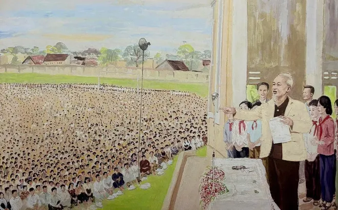 “Bác Hồ nói chuyện với nhân dân Hà Bắc” – Họa sĩ Văn Giáo